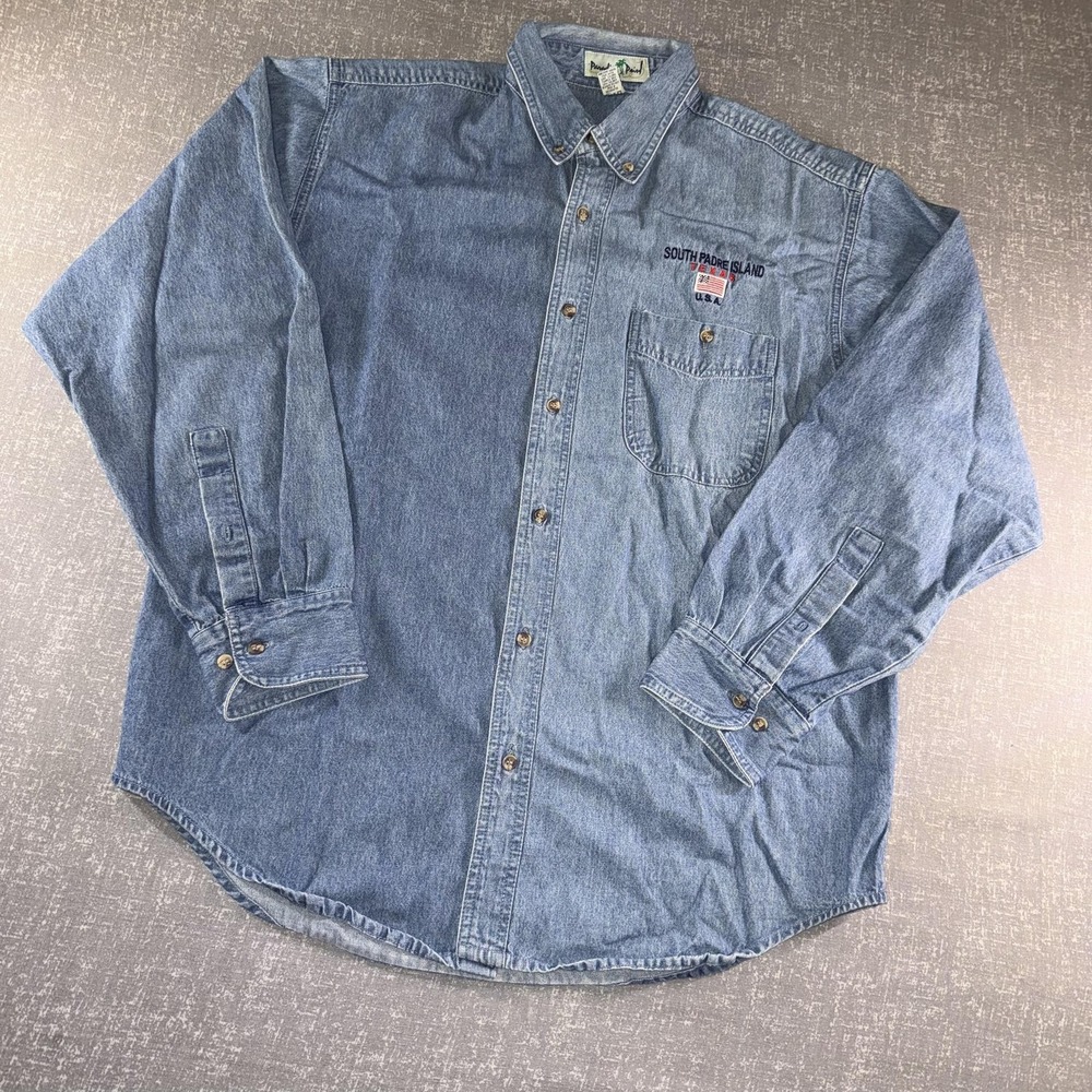 Paradise Point Shirt Mens Large Blue Denim Button‎ South Padre Island Texas USA